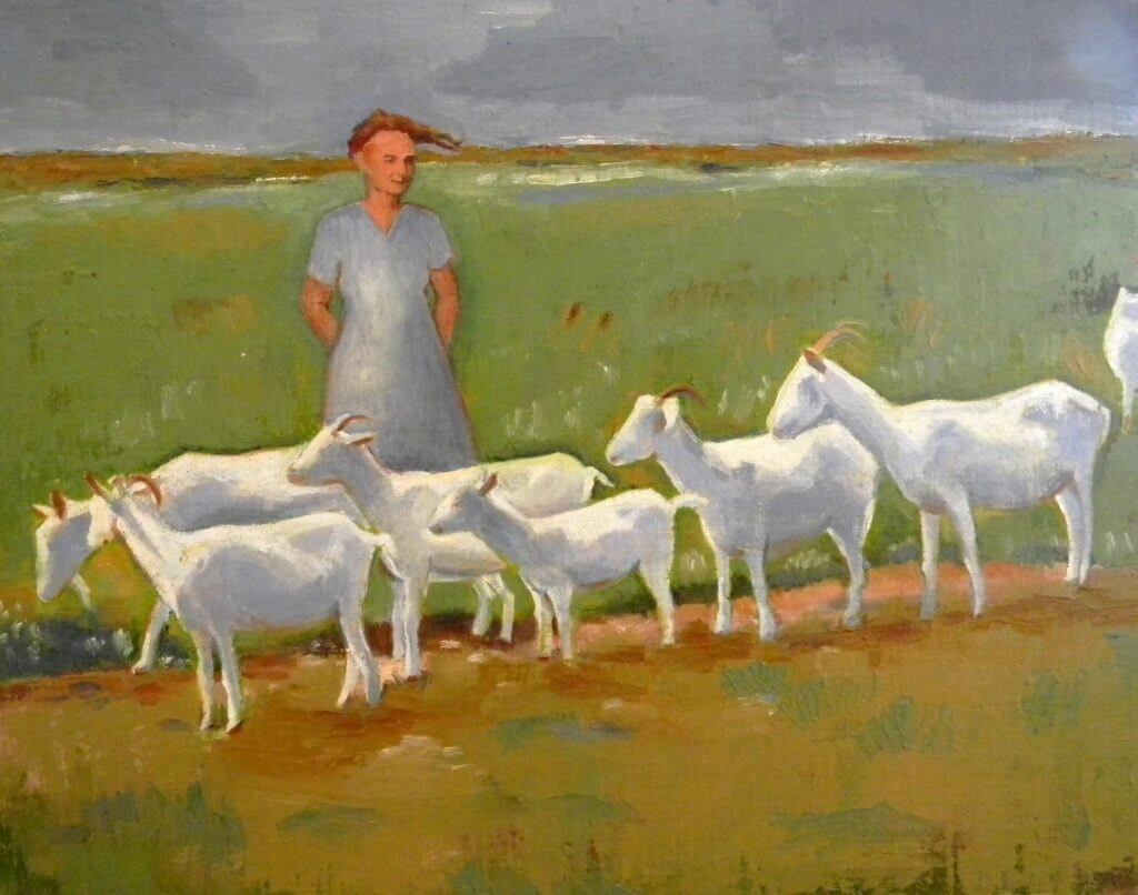 Pastoral scene with a person standing near a herd of white goats
