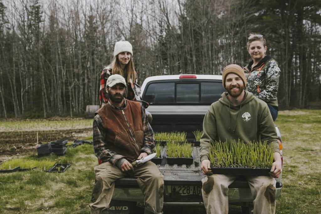 Four farmers with seedlings pose by truck in forest clearing