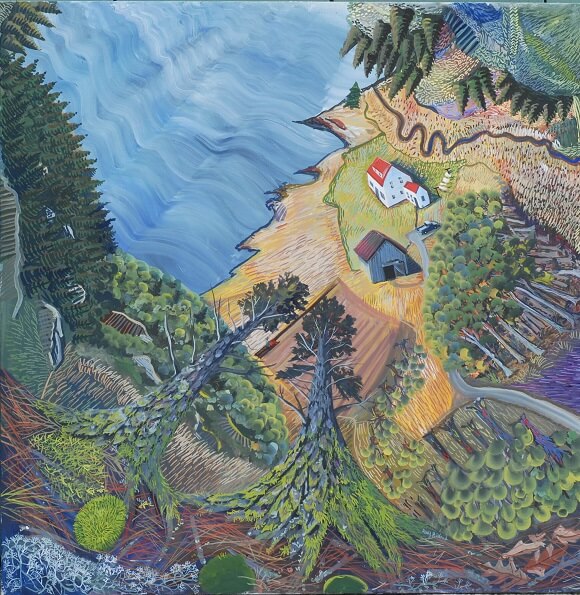 Aerial view of colorful landscape with houses nestled among trees and water