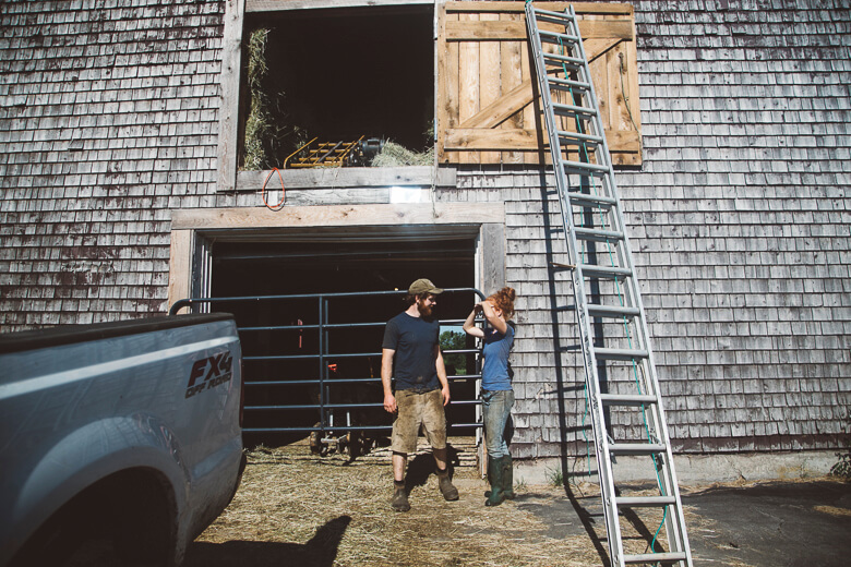 Two farm workers by barn with ladder, truck, and hay