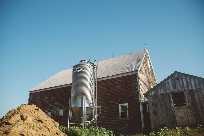 Old rustic barn with metal silo against clear blue sky on farm