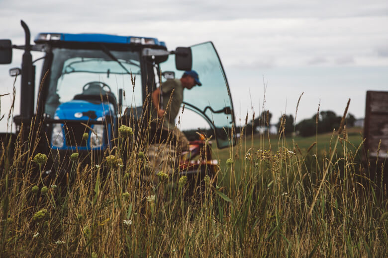 Blue tractor in grassy field with farmer working in agricultural landscape