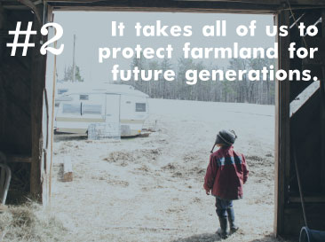 Child in red jacket standing near farm with motivational text about protecting farmland