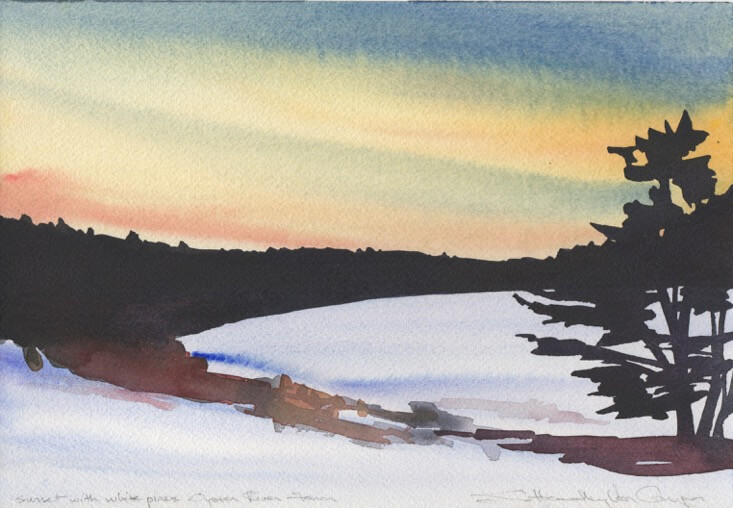 Watercolor painting of snowy lakeside with pine trees at sunset