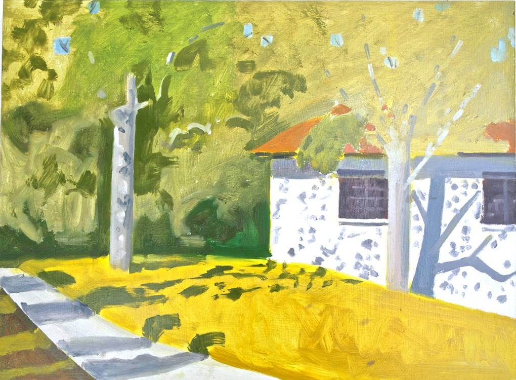 Sunny landscape with white house, yellow ground, and green trees