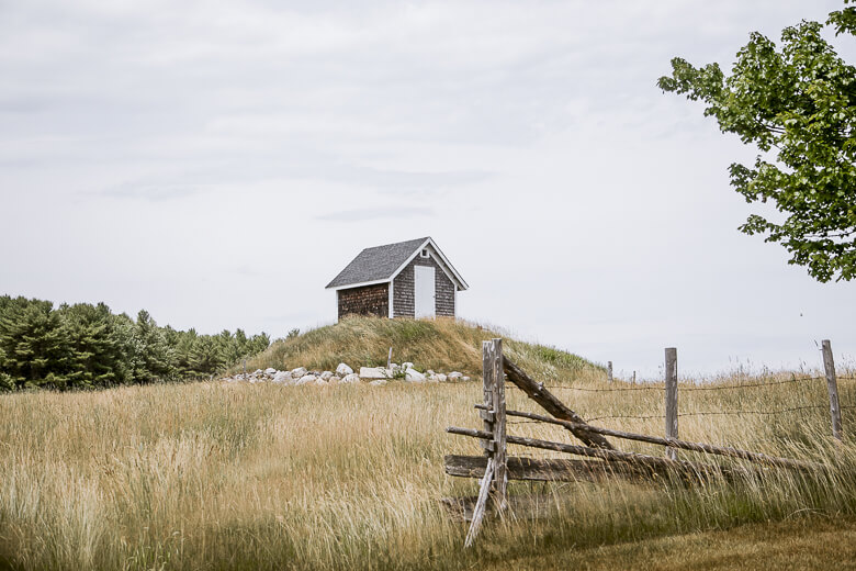 Small wooden shed on grassy hill with wooden fence and trees