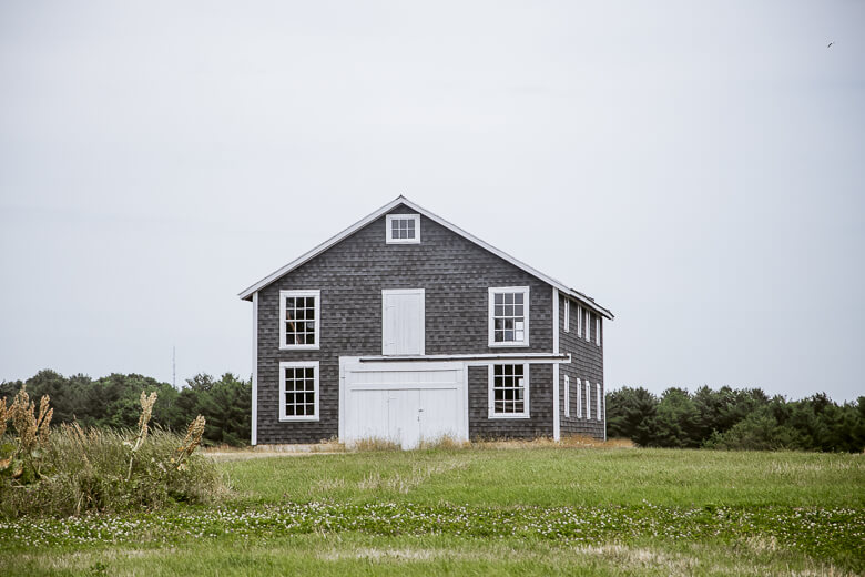 Gray weathered wooden house with white windows in grassy field