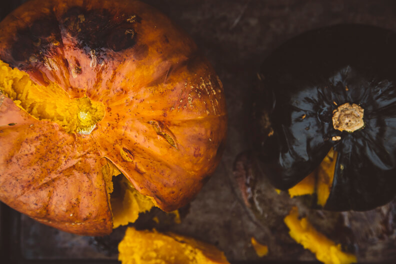 Ripe orange pumpkin with dark background, showing textured skin and stem