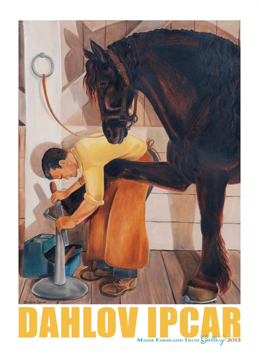 Person milking a dark horse in a wooden stable interior
