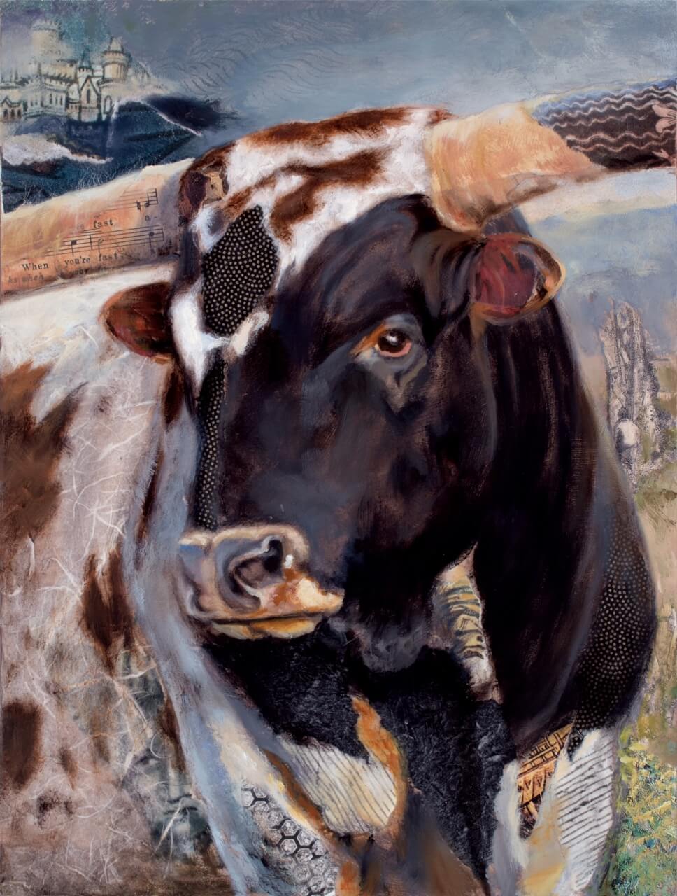 Artistic portrait of a black and white cow with musical background