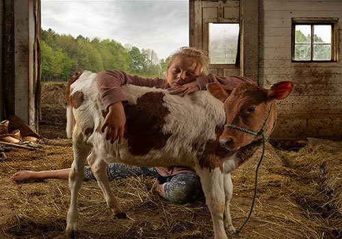 Child hugging a young calf inside a rustic barn with straw floor