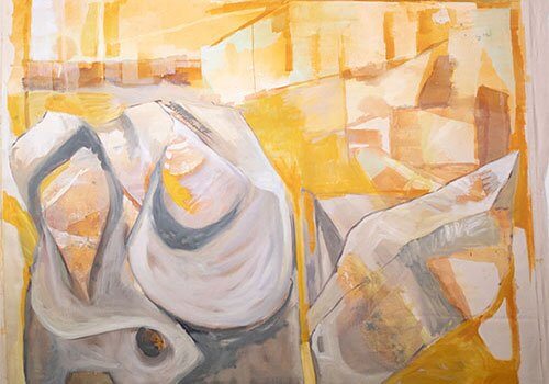 Abstract painting with soft yellow and white shapes in cubist style