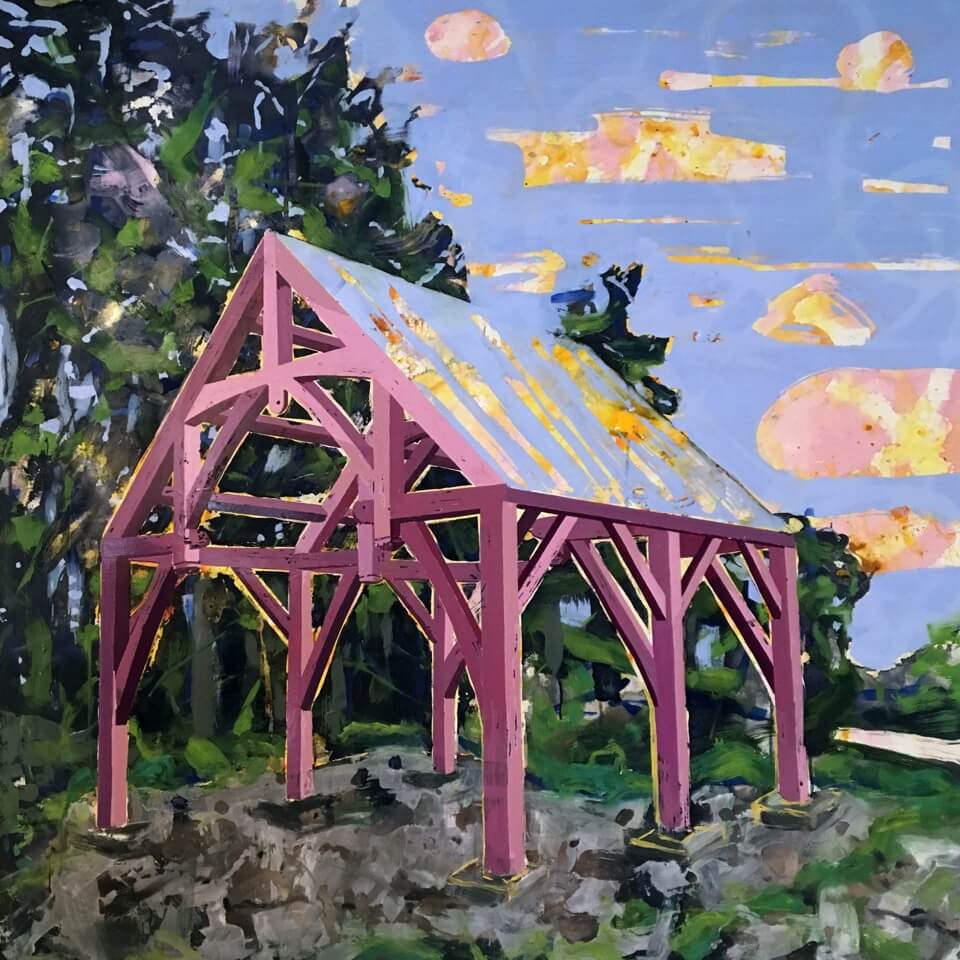 Pink wooden gazebo with yellow roof surrounded by green vegetation under blue sky.