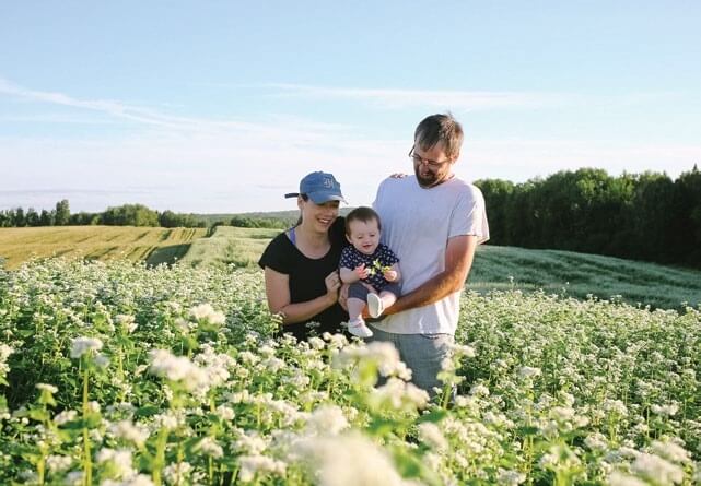 Parents hold baby in blooming white flower field on sunny day