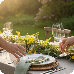 Two hands set wine glasses on a table decorated with white plates, silverware, green napkins, and a yellow floral centerpiece outdoors in soft sunlight.