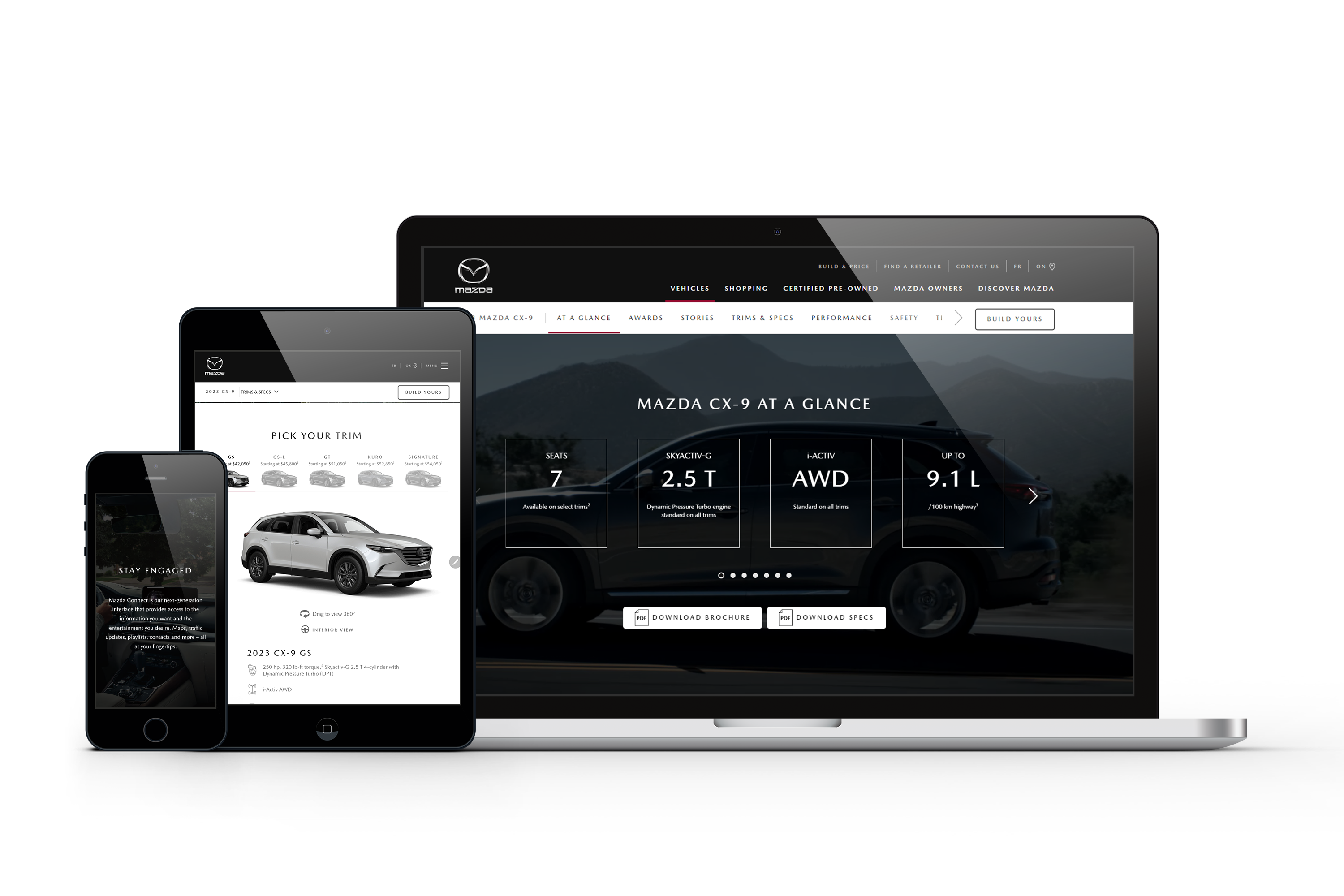 Laptop, tablet and mobile screens displaying Mazda product page.