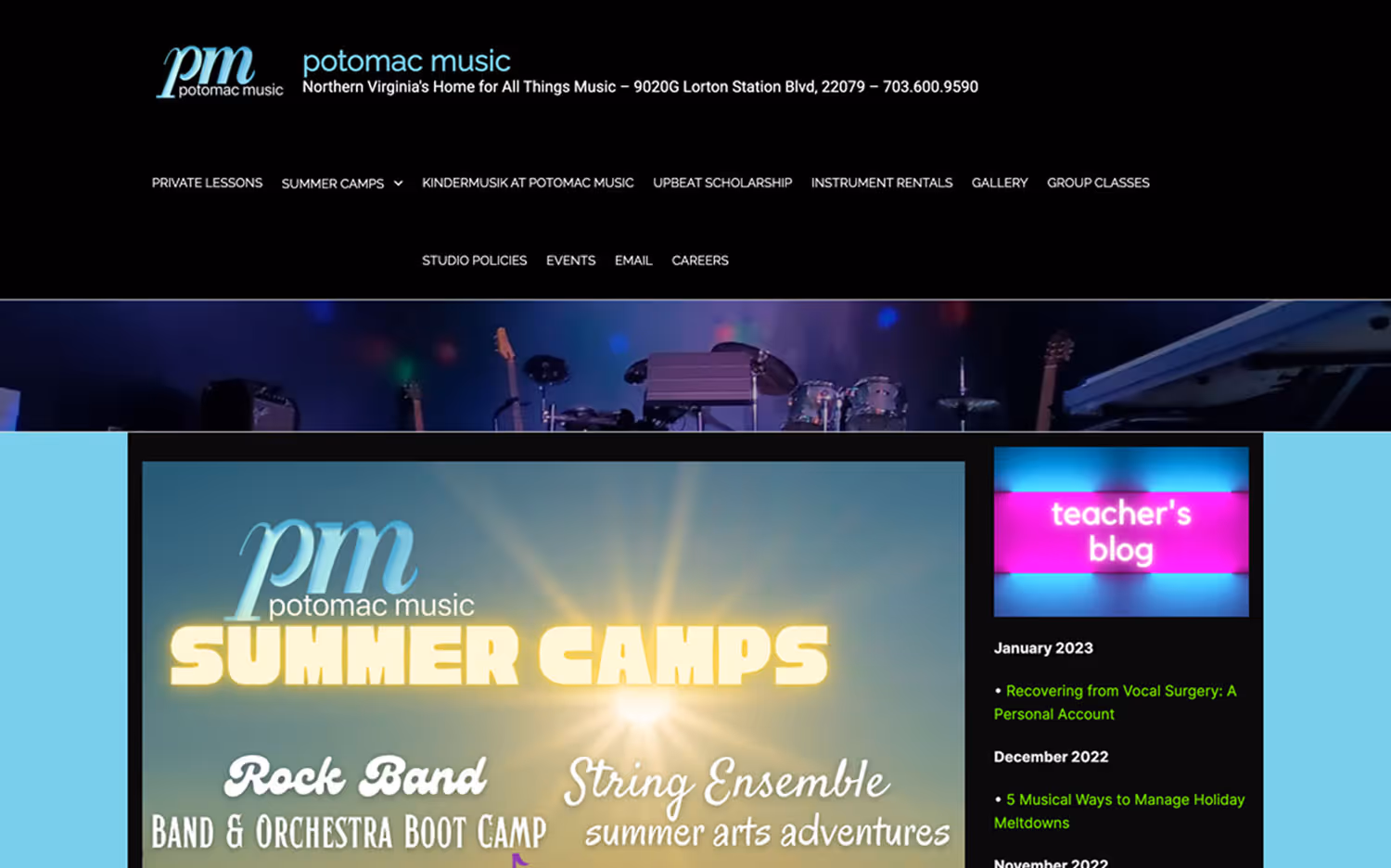 Potomac Music website design before - Varona Designs