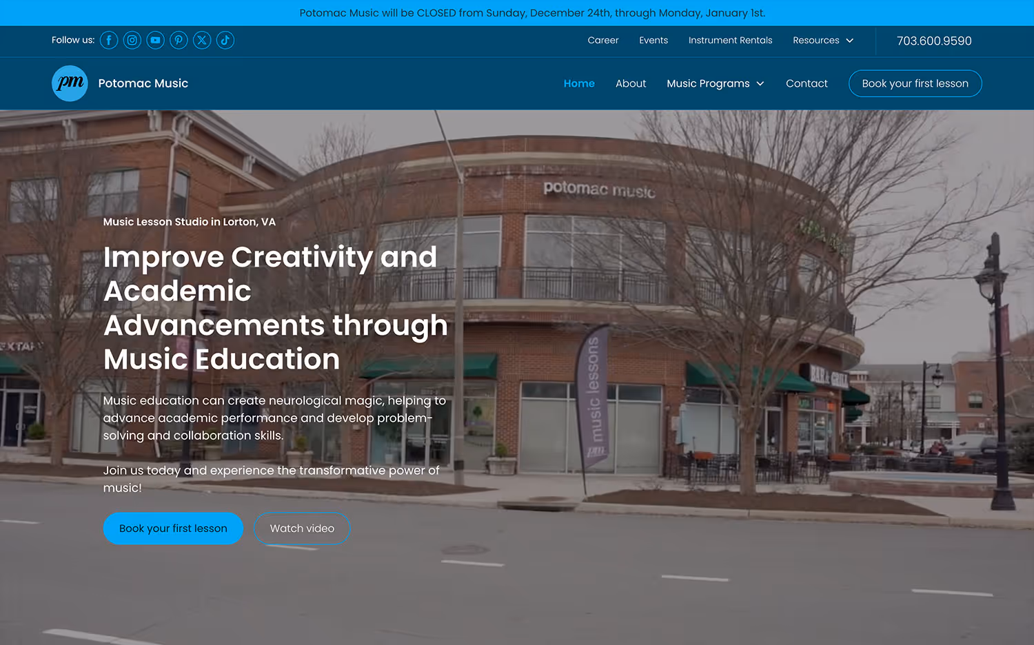 Potomac Music website design after - Varona Designs