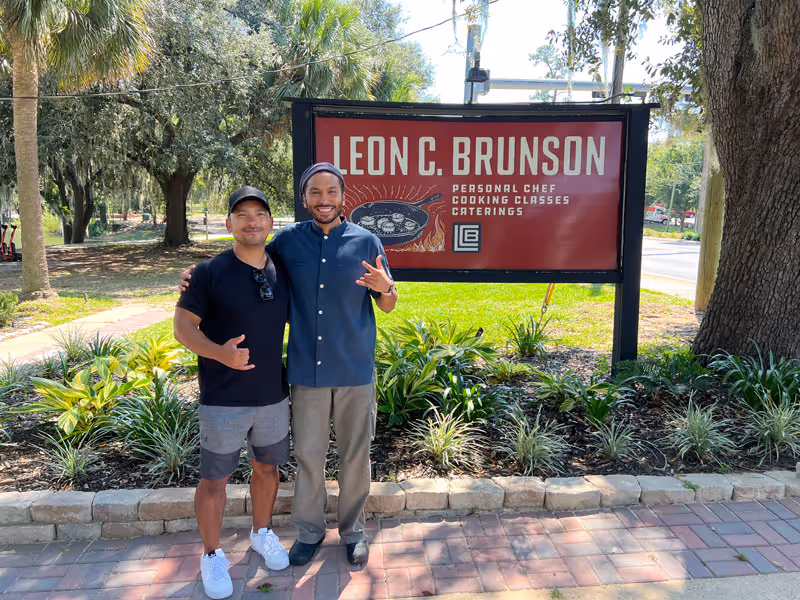 Chef Leon and Earl Varona in front of Leon's at Lake Ella Restaurant - Varona Designs