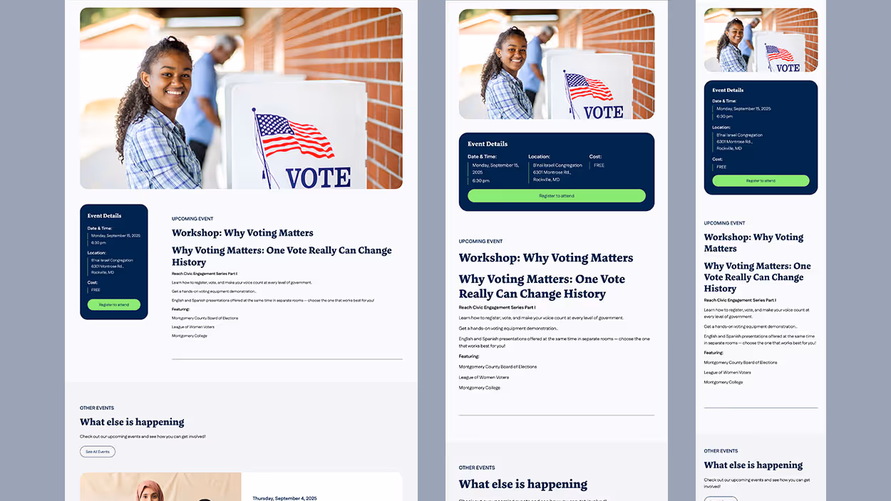Community Reach event page website screenshot - Varona Designs