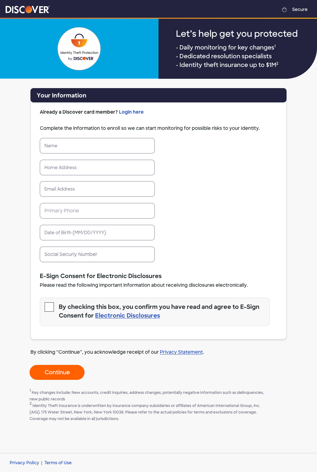 Early wireframe of the Discover Identity Theft Protection enrollment form with fields for name, address, email, phone, DOB, and SSN