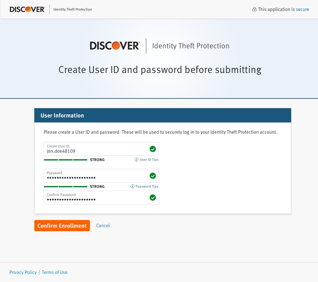 [NEEDS REVIEW] Likely the Identity Theft Protection Create Account screen with fields filled in and strong password indicator (could not preview)