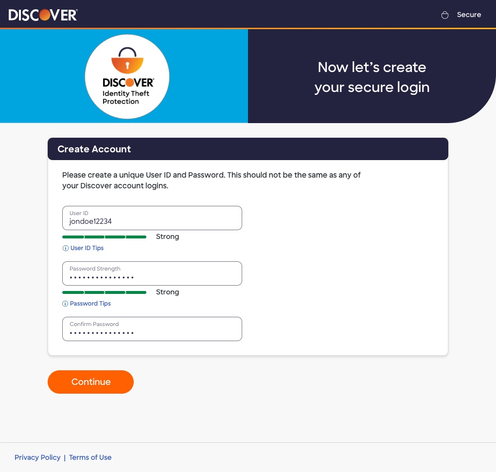 [NEEDS REVIEW] Likely the Identity Theft Protection Create Account screen with strong password indicator, similar to a confirmed nearby image (could not preview)