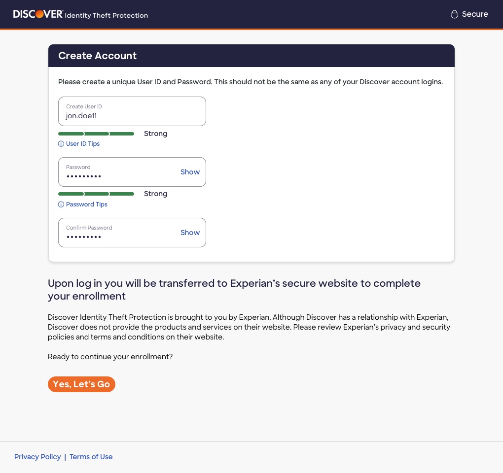 [NEEDS REVIEW] Likely the Identity Theft Protection Create Account screen with strong password indicator, similar to a confirmed nearby image (could not preview)