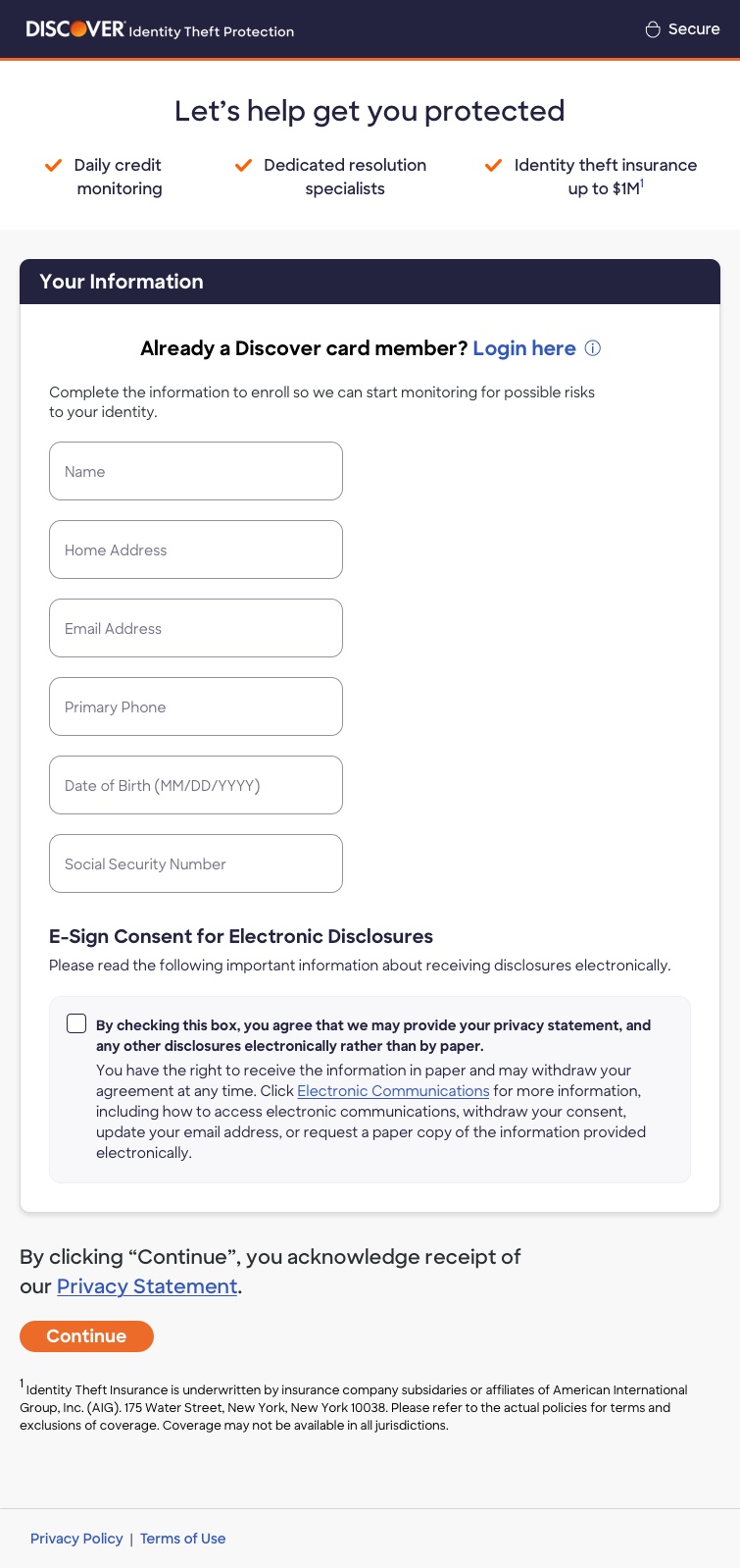 Mobile mockup of the Discover Identity Theft Protection enrollment form with fields for name, address, email, phone, DOB, and SSN