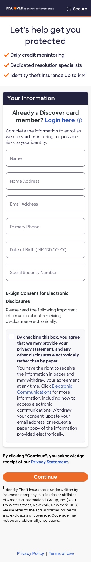 Mobile mockup of the Discover Identity Theft Protection enrollment form with fields for name, address, email, phone, DOB, and SSN