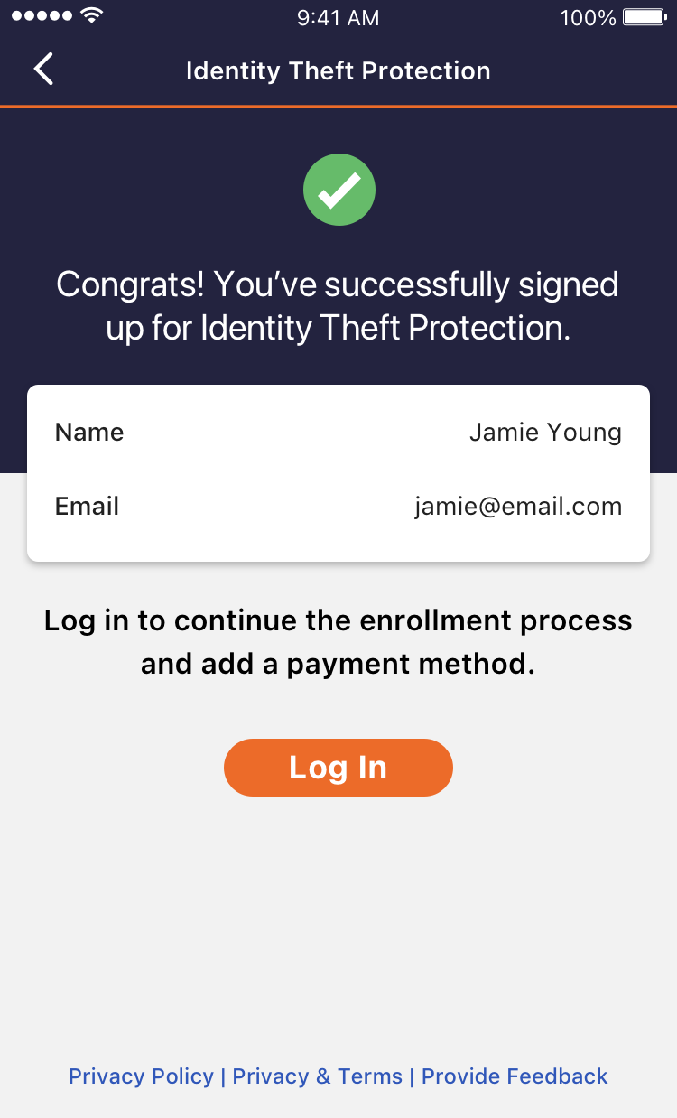 Mobile handset mockup of the Identity Theft Protection sign-up success screen with a confirmation checkmark and Log In button