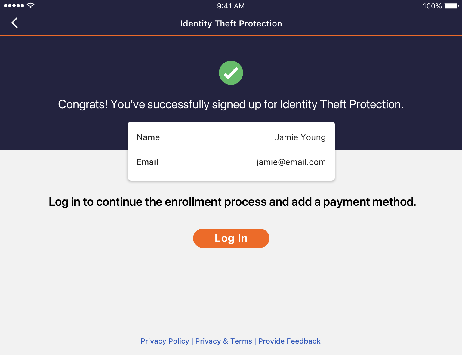 Tablet portrait mockup of the Identity Theft Protection sign-up success screen with a confirmation checkmark and Log In button