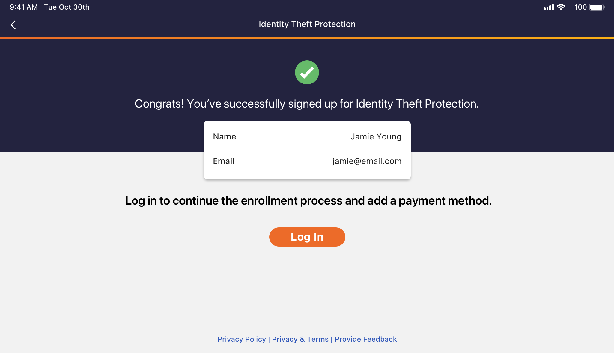 Tablet landscape mockup of the Identity Theft Protection sign-up success screen with a confirmation checkmark and Log In button