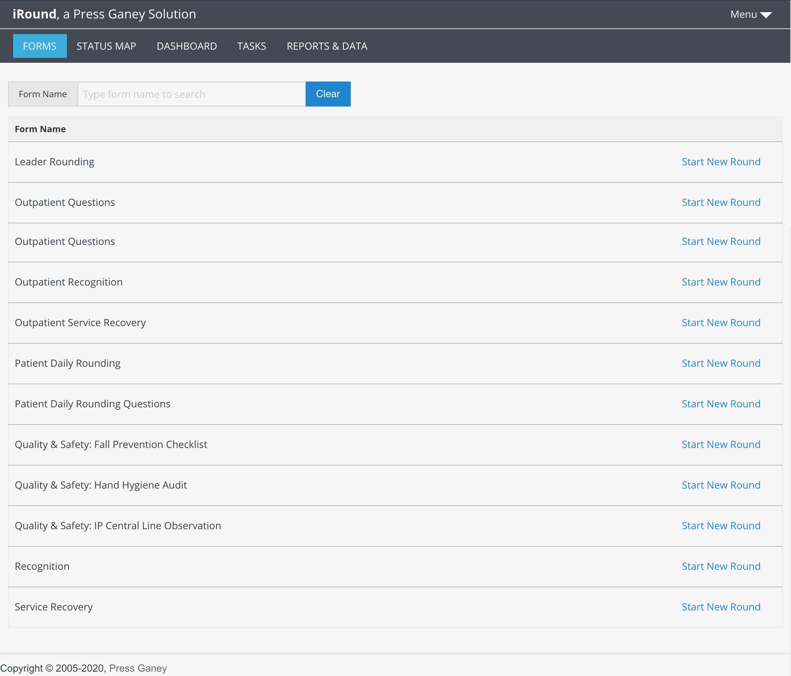 Screenshot of the legacy iRound Forms landing page with a search field and list of rounding form templates