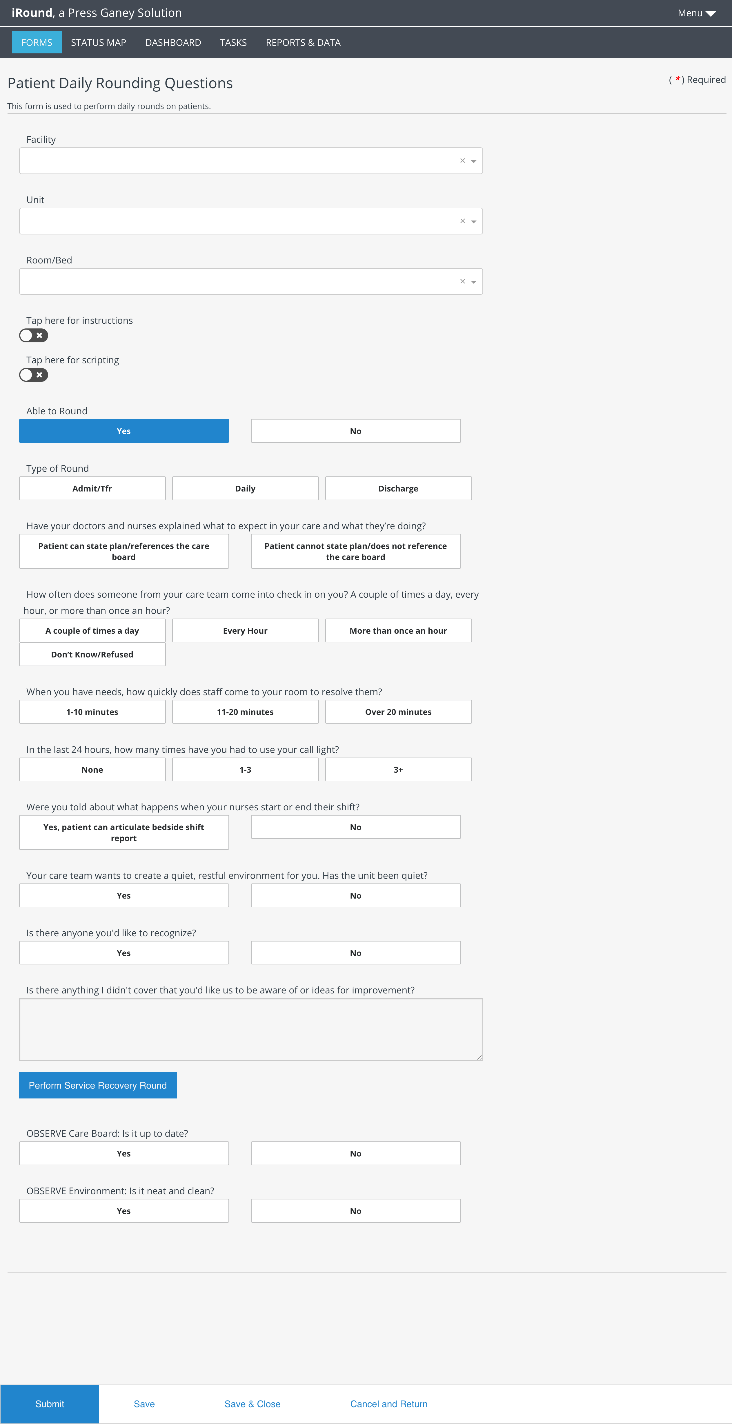 Screenshot of the legacy Patient Daily Rounding Questions form with "Yes" selected, showing all follow-up care questions