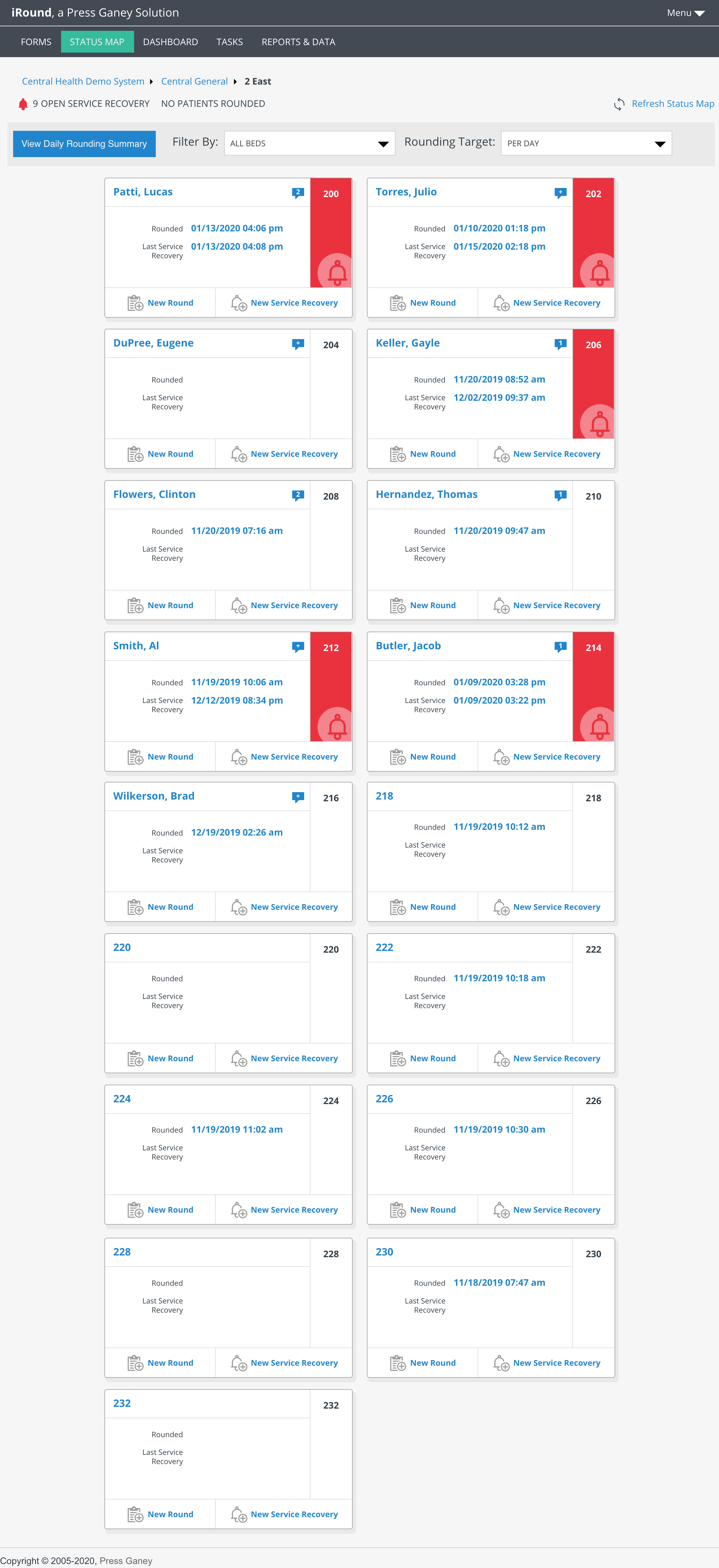 Screenshot of the legacy iRound Status Map view listing patient cards with rounding and service recovery status