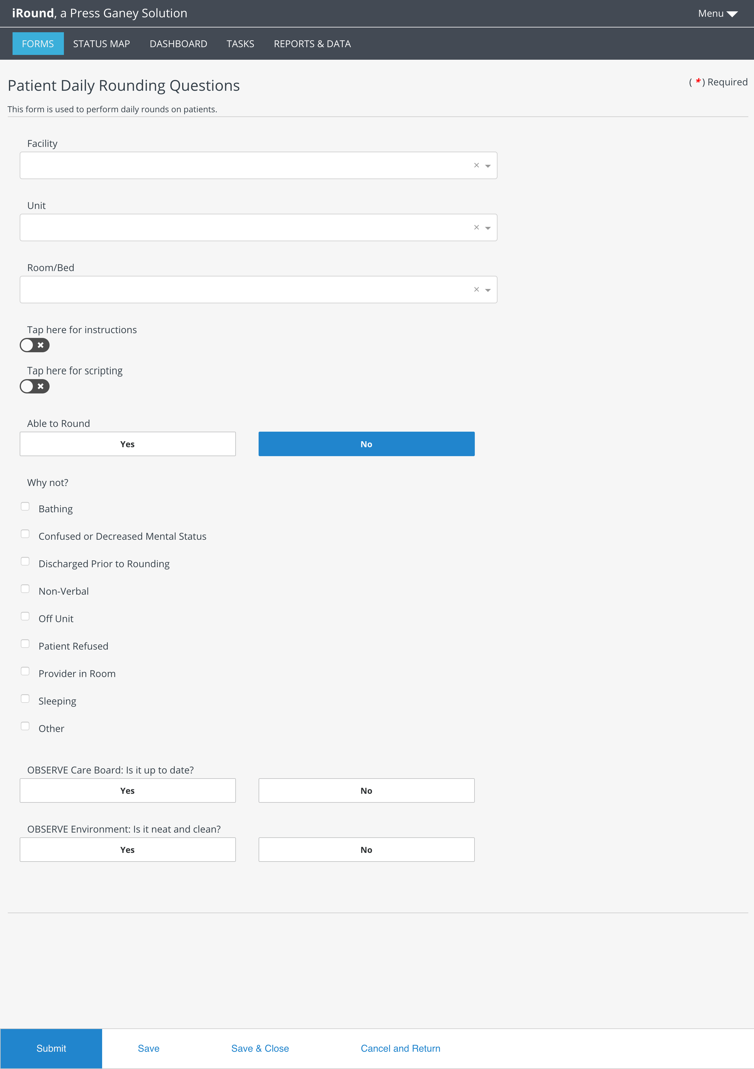 Screenshot of the legacy Patient Daily Rounding Questions form on a mobile-style layout with "No" selected for Able to Round