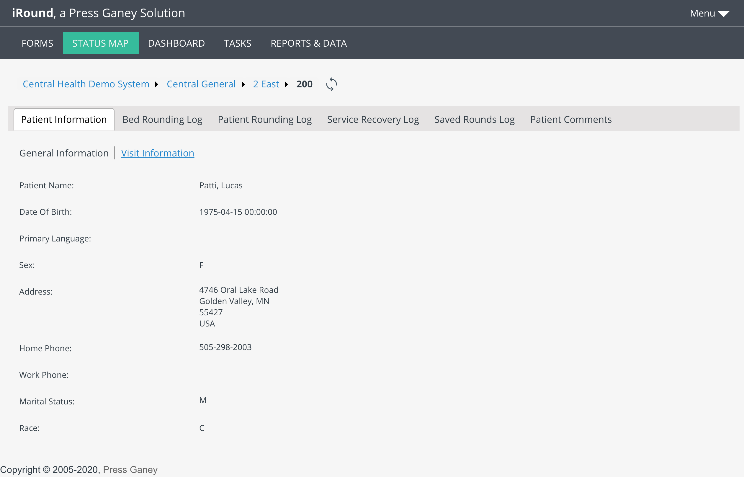 Screenshot of the legacy iRound Patient Information tab with a dark navigation bar, showing general patient details and address