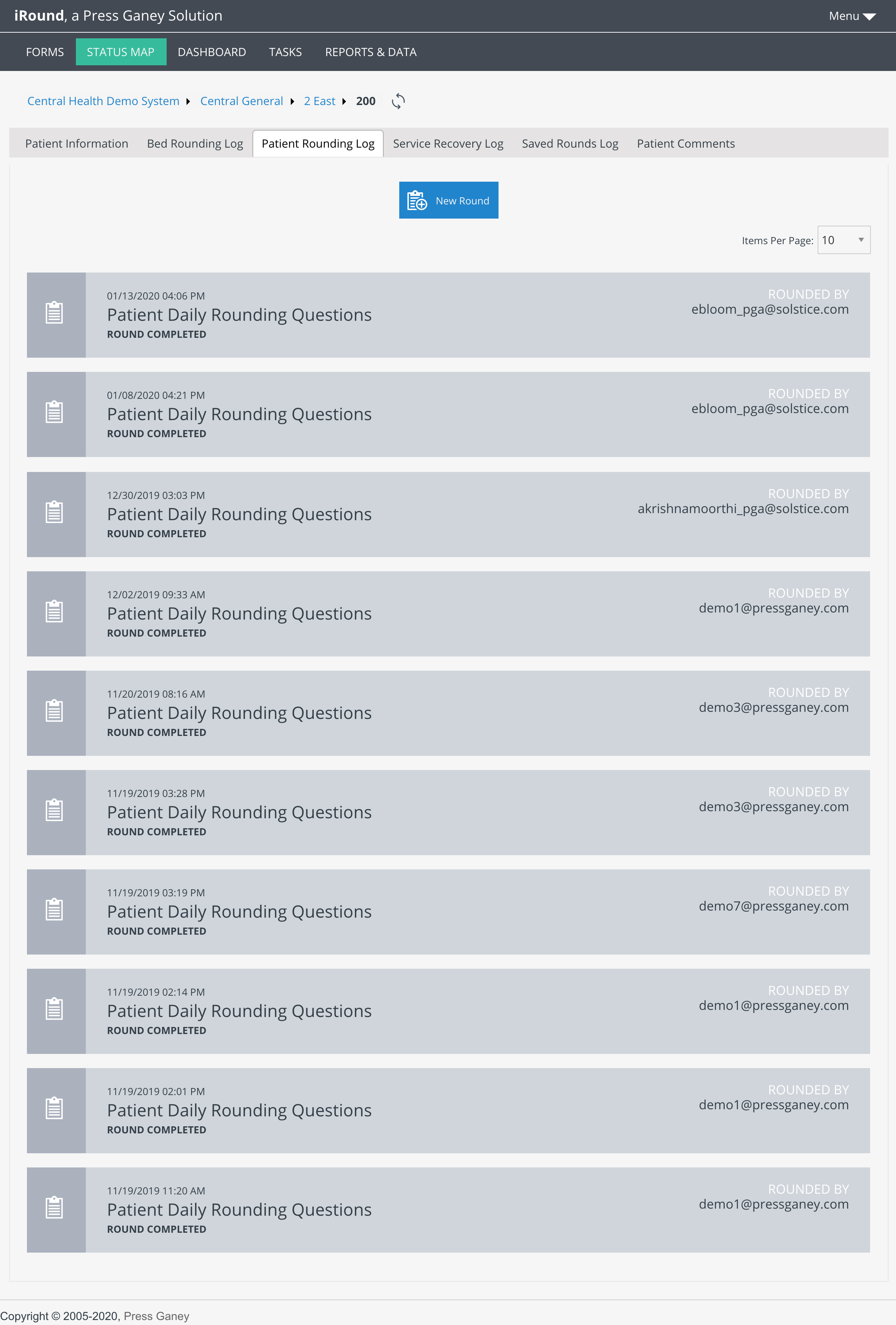 Screenshot of the legacy iRound Patient Rounding Log tab with a dark navigation bar, listing completed daily rounding entries