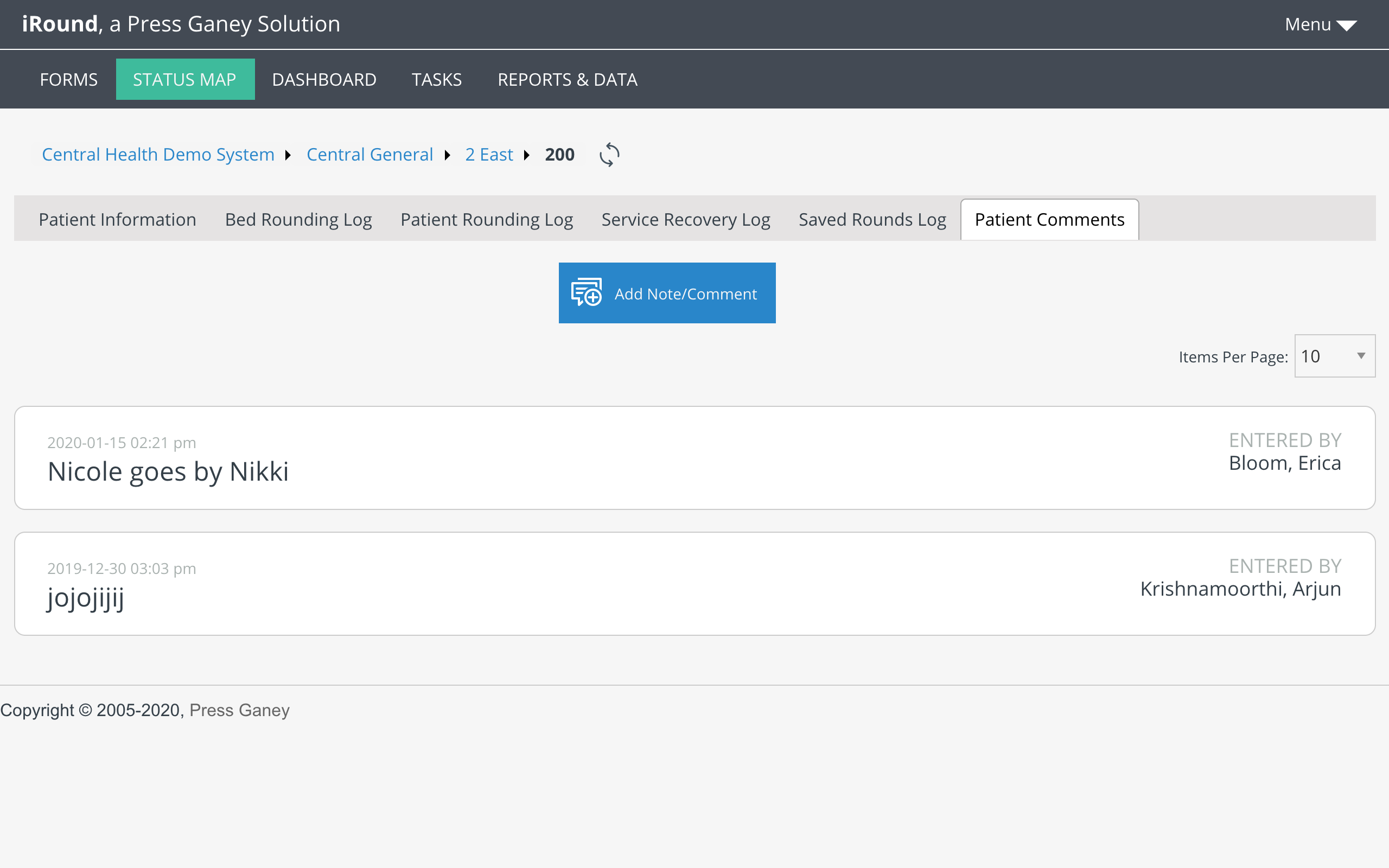 Screenshot of the legacy iRound Patient Comments tab with a dark navigation bar, showing entered patient notes