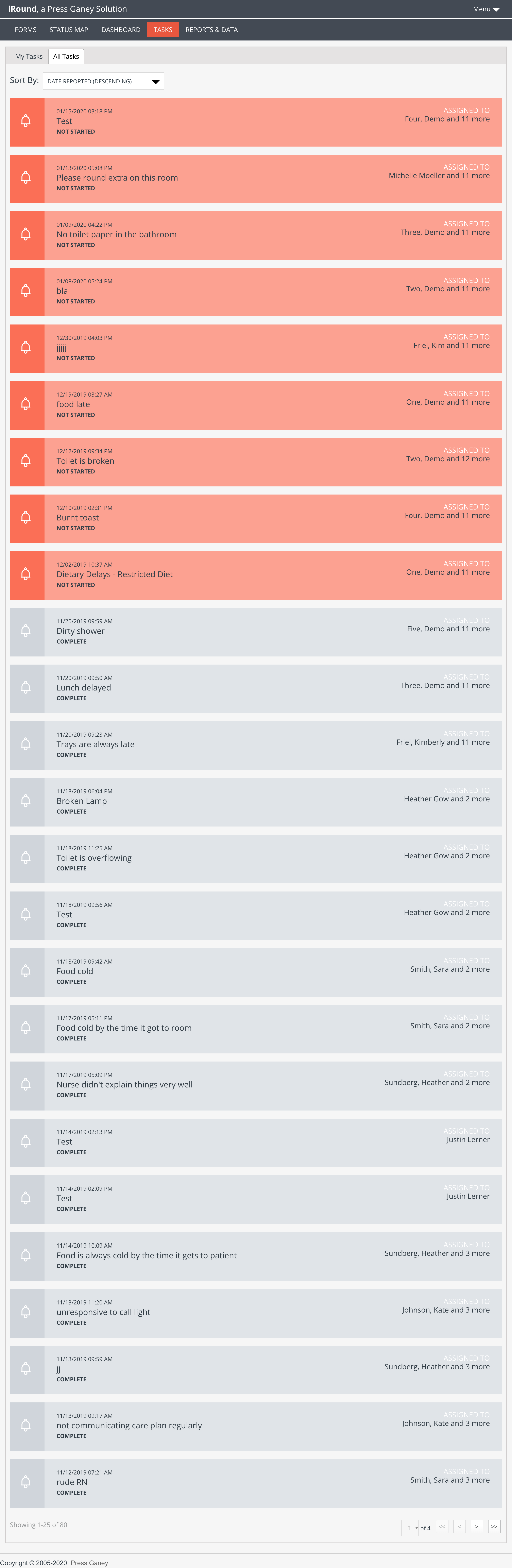 Screenshot of the legacy iRound All Tasks list with a dark navigation bar and color-coded task rows, showing an older interface prior to redesign