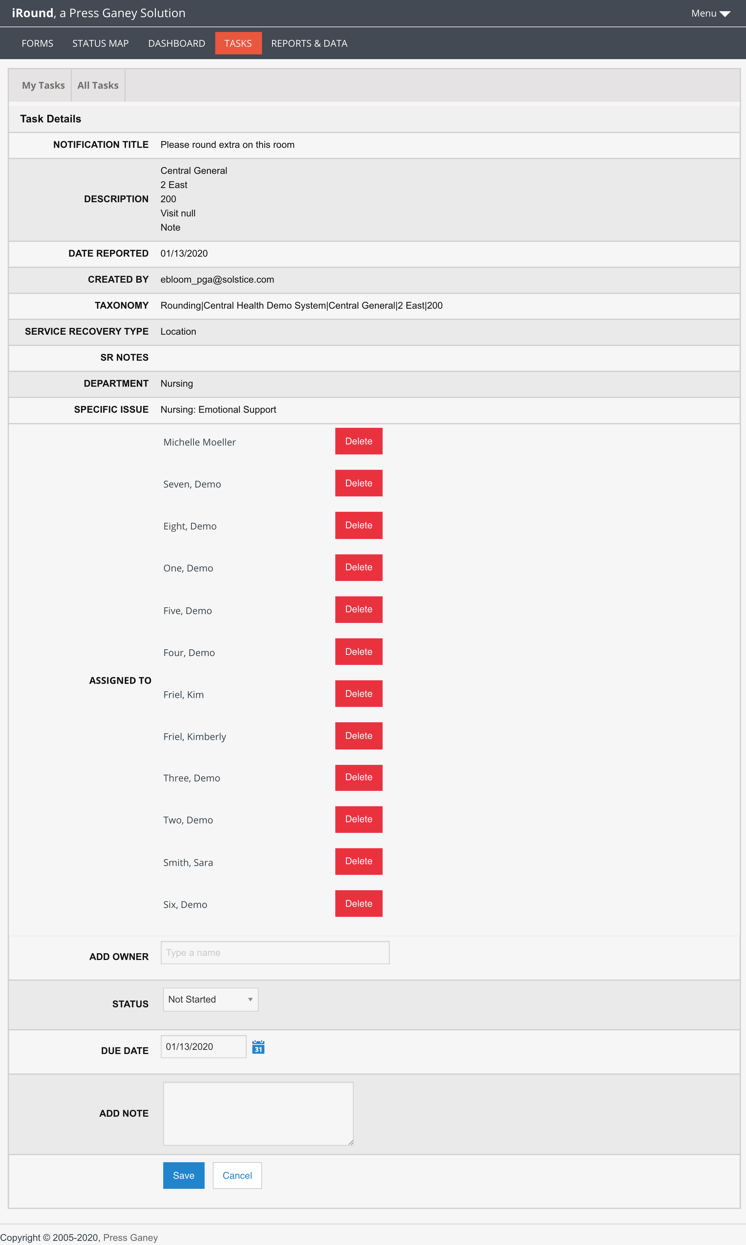 Screenshot of the legacy iRound Task Details screen with a dark navigation bar, showing an older interface prior to redesign
