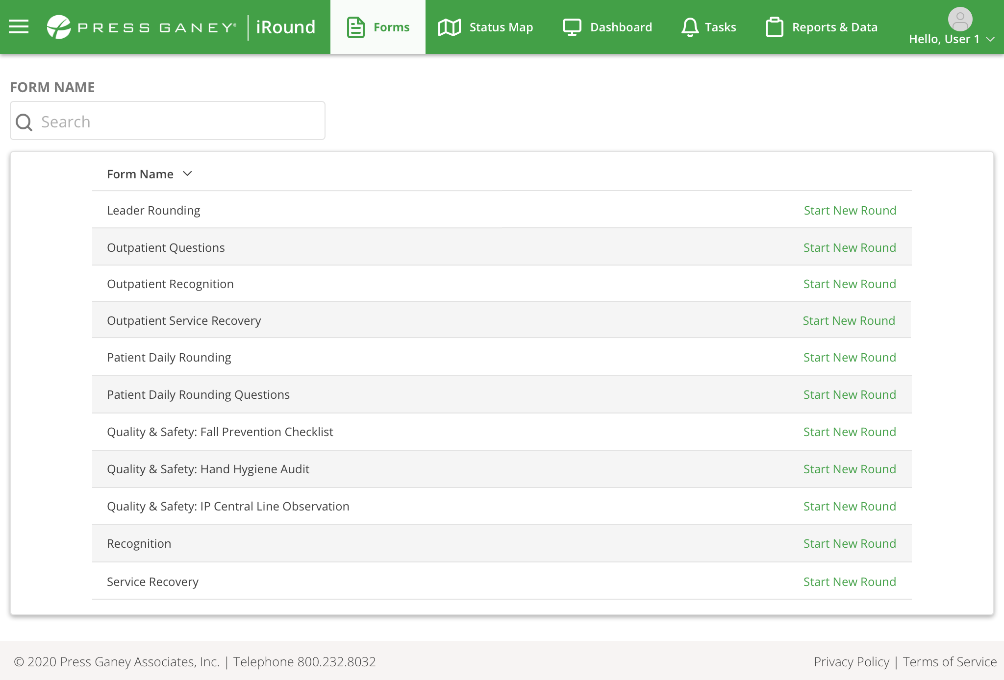 Desktop screenshot of the Press Ganey iRound Forms landing page listing available rounding form templates
