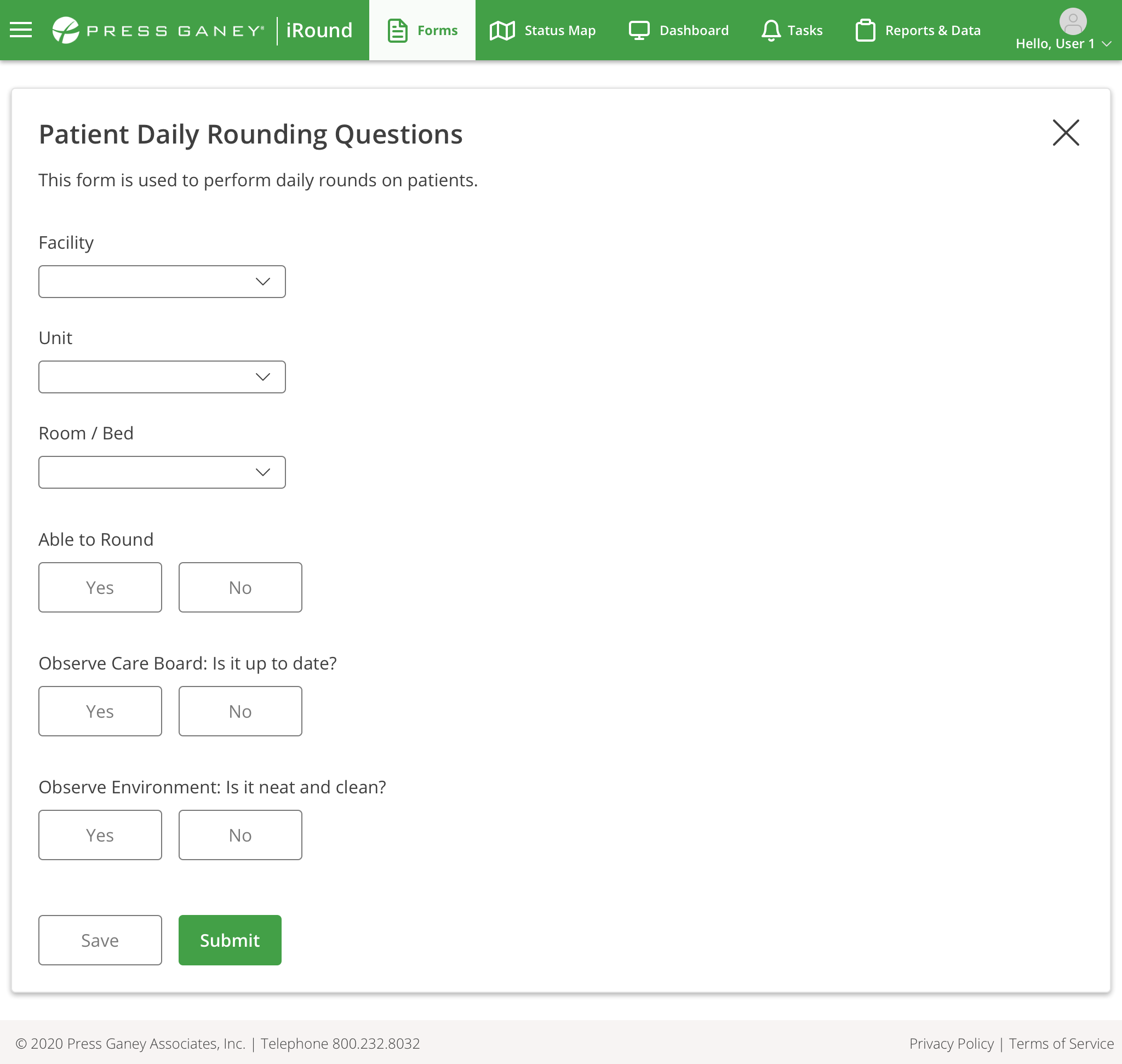 Desktop screenshot of the Patient Daily Rounding Questions form in its default, unanswered state