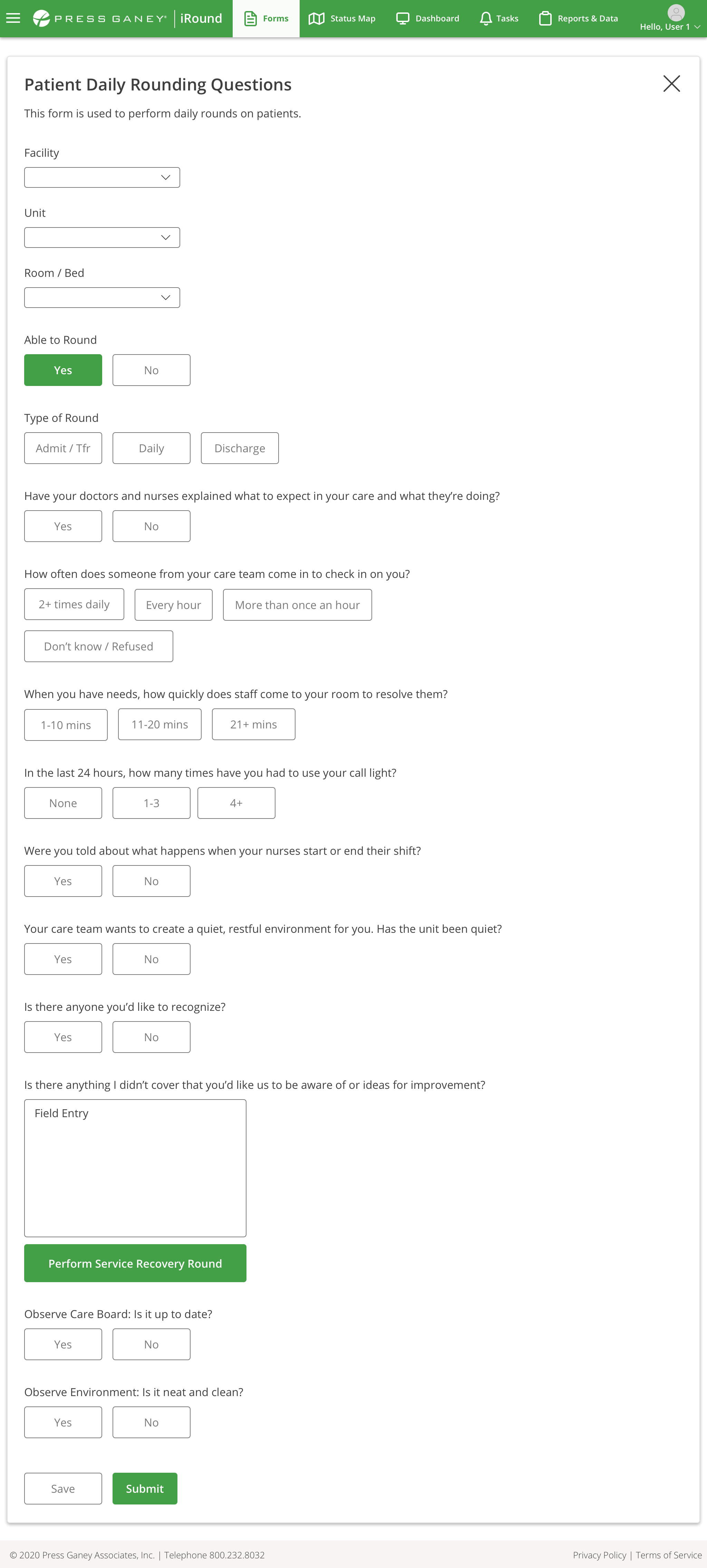 Desktop screenshot of the full Patient Daily Rounding Questions form with "Yes" selected, showing all follow-up care questions