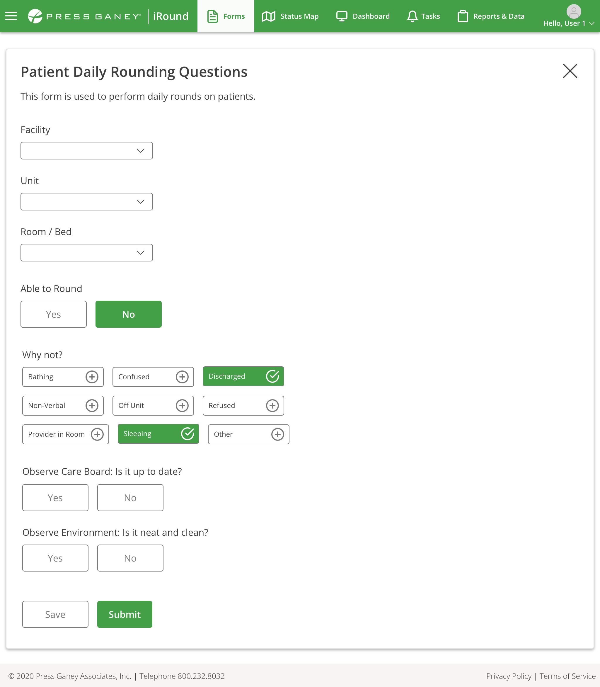 Desktop screenshot of the Patient Daily Rounding Questions form with "No" selected for Able to Round and follow-up reason options shown