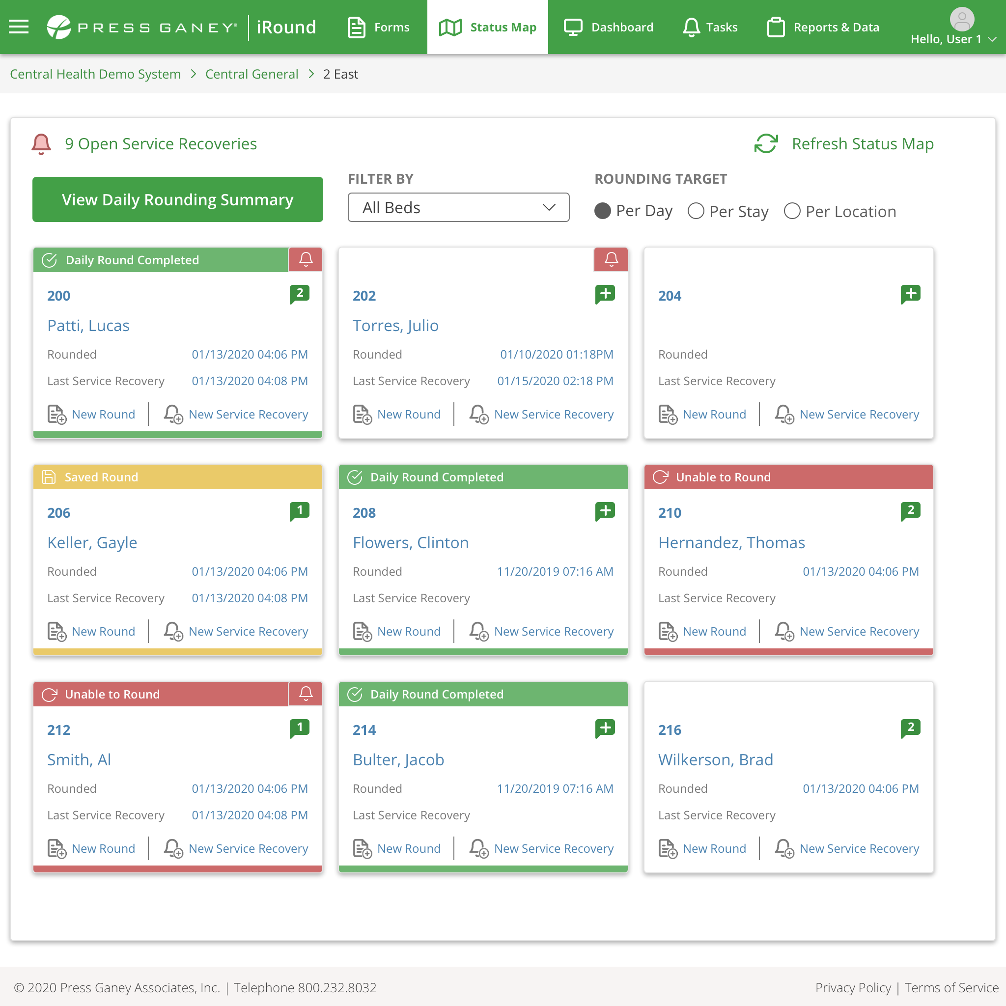 Desktop screenshot of the Press Ganey iRound Status Map view showing patient cards with rounding and service recovery status