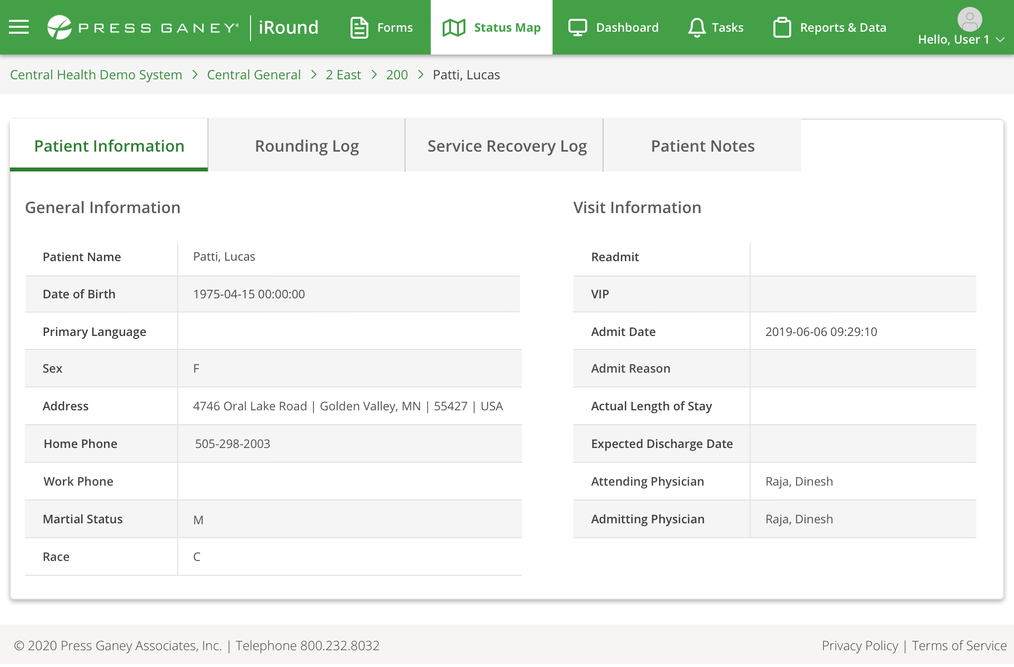 Desktop screenshot of the Press Ganey iRound Status Map Patient Information tab showing general and visit details