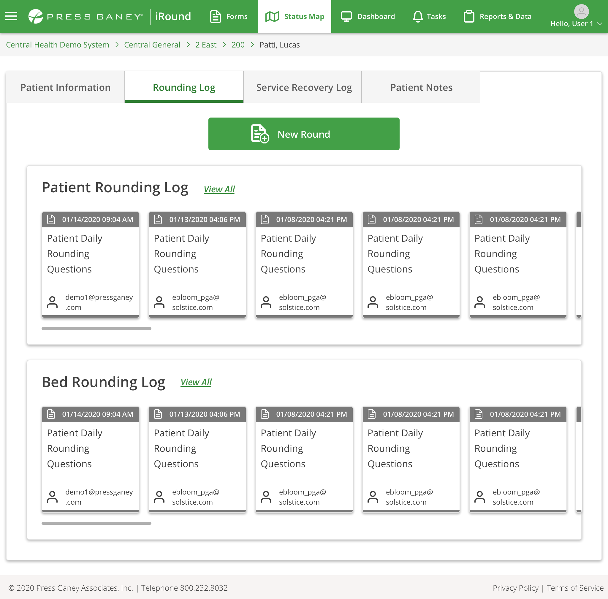 Desktop screenshot of the Press Ganey iRound Status Map Rounding Log tab listing patient and bed rounding entries