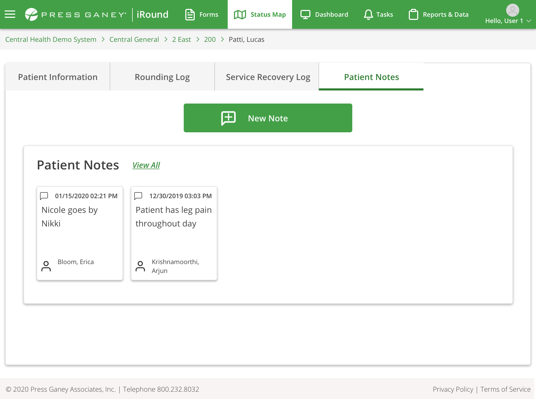 Desktop screenshot of the Press Ganey iRound Status Map Patient Notes tab showing entered patient comments